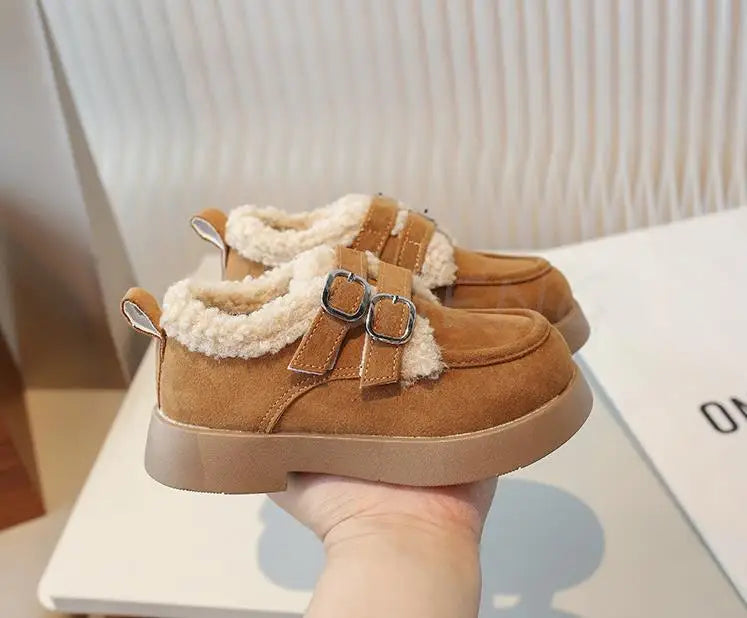 Autumn Winter Children Flats Shoes Solid Plush Warm Korean Style Girls Princess Casual Shoes Soft Bottom Furry Kids Cotton Shoes