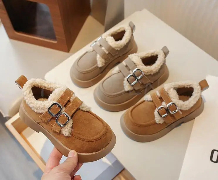 Autumn Winter Children Flats Shoes Solid Plush Warm Korean Style Girls Princess Casual Shoes Soft Bottom Furry Kids Cotton Shoes