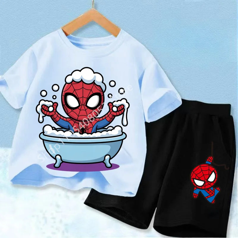 Summer Hot Sale Kids Short Sleeve Two Piece Set Marvel Spider Man Cartoon Print Children Outfit