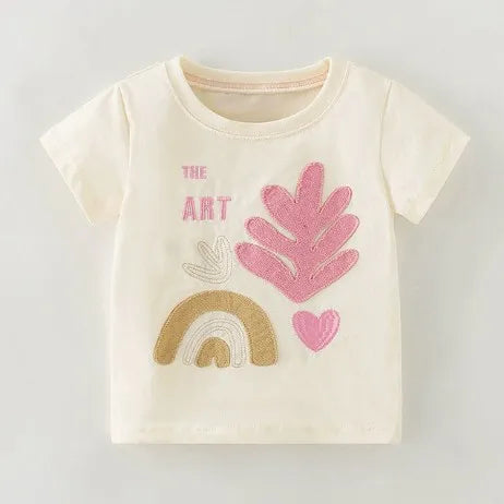 2026 Summer New Arrival 2 3 4 5 6 8 10 Years Kids Children Flower Print Baby Top Basic Cartoon Cotton Girls Short-Sleeve T-Shirt