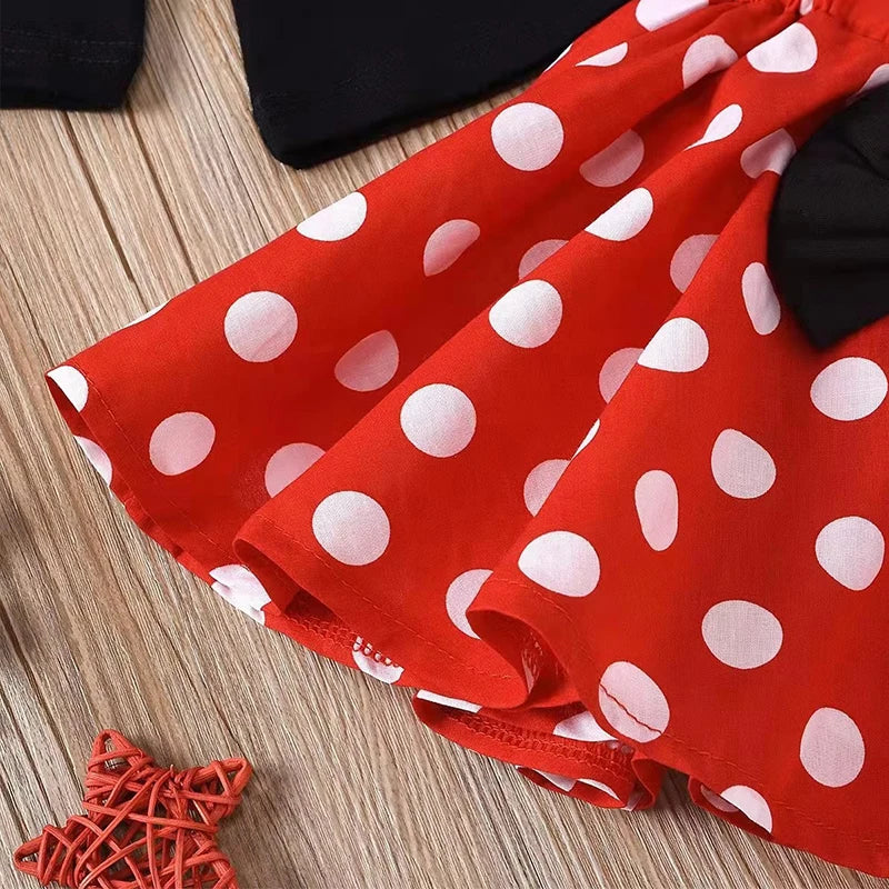 2Pcs/Set Mickey Minnie Mouse Children Outfit Baby Girls Summer Evening Kids Dots Tops Skirt Cosplay Dress with Headband Bow