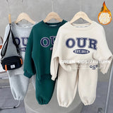 Spring Autumn Warm Boys Clothing Set Letter OUR Lined With Velvet Shirt+Pants 2Pcs Suit For Kids Children Outdoor Sports Suit