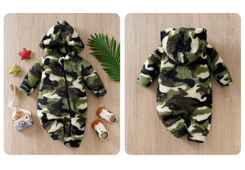 Winter Baby Boy Hoodie Plush Camouflage Style Fashionable Daily Suitable For Children Under 1 Year Old Jumpsuit