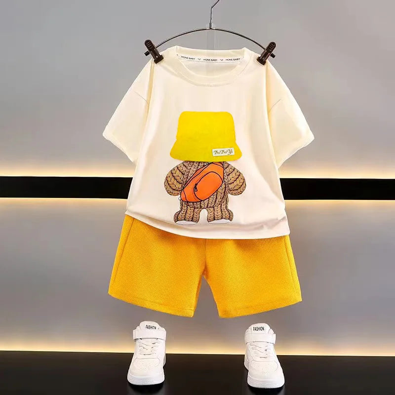 2PCS Summer Toddler Baby Boys Clothing Suits Short Sleeve Bear Backpack Printed T-Shirt Top+Shorts Outfits Children Casual Sets