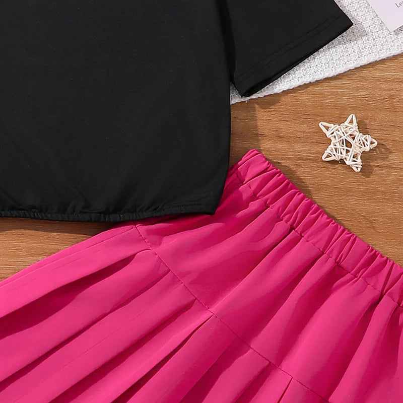 2024 New Children's Fashion Clothes Sets For Kids Girl Black Smiley T-shirt And Rose Red Pleated Skirt High Quality Korean Style - Idrilay 