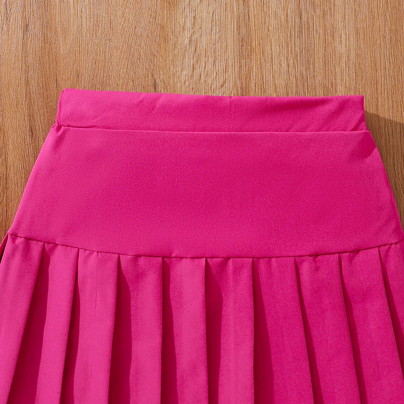 2024 New Children's Fashion Clothes Sets For Kids Girl Black Smiley T-shirt And Rose Red Pleated Skirt High Quality Korean Style - Idrilay 