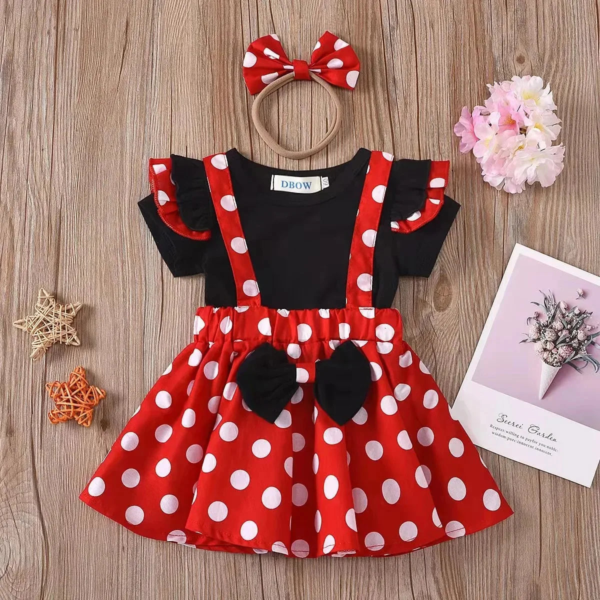 2Pcs/Set Mickey Minnie Mouse Children Outfit Baby Girls Summer Evening Kids Dots Tops Skirt Cosplay Dress with Headband Bow