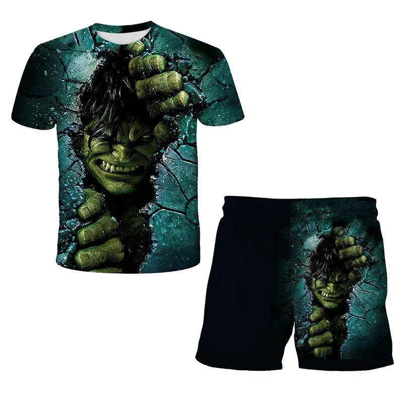 Boys Summer Spider-Man Marvel Hulk Iron Man Spiderman 2 Piece Set Breathable Tshirt & Shorts