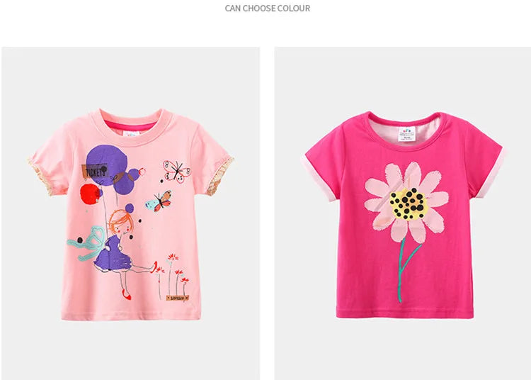 2026 Summer New Arrival 2 3 4 5 6 8 10 Years Kids Children Flower Print Baby Top Basic Cartoon Cotton Girls Short-Sleeve T-Shirt