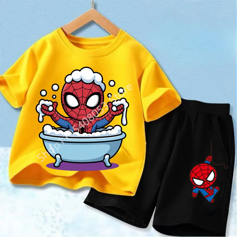 Summer Hot Sale Kids Short Sleeve Two Piece Set Marvel Spider Man Cartoon Print Children Outfit
