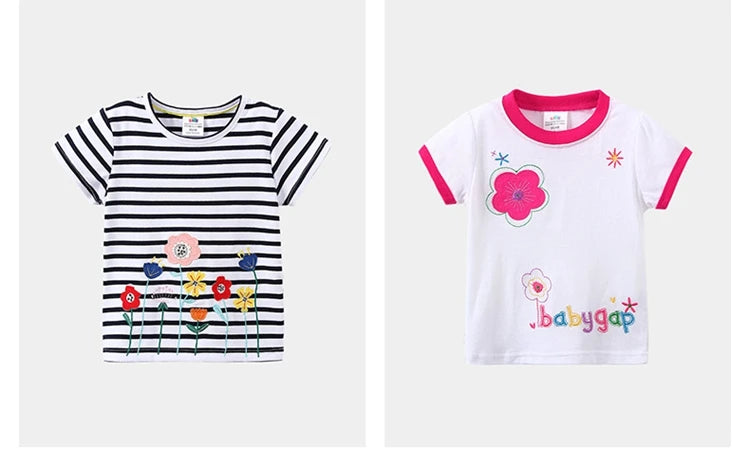 2026 Summer New Arrival 2 3 4 5 6 8 10 Years Kids Children Flower Print Baby Top Basic Cartoon Cotton Girls Short-Sleeve T-Shirt
