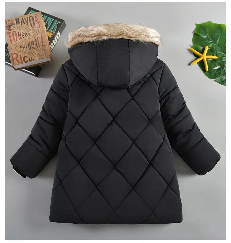 2025 Winter New Boys Jacket Solid Color Lining Plush Keep Warm Fur Collar Hooded Zipper Outerwear For 4-10Y Teen Kids Snowsuit