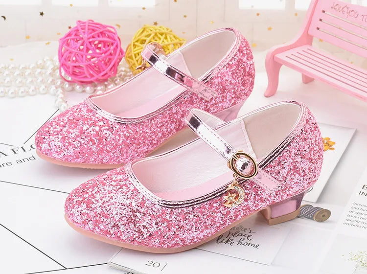 Girls Shoes Children High Heel Glitter Crystal Sandals Fashion Buckle Kids Princess Dance Shoe Student Performance Leather Shoes - Idrilay 