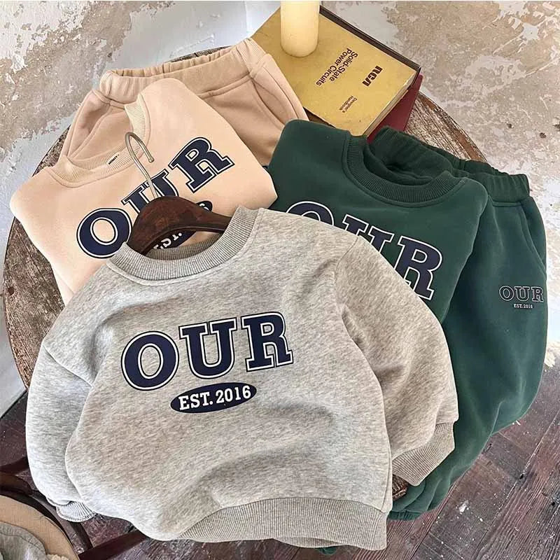 Spring Autumn Warm Boys Clothing Set Letter OUR Lined With Velvet Shirt+Pants 2Pcs Suit For Kids Children Outdoor Sports Suit