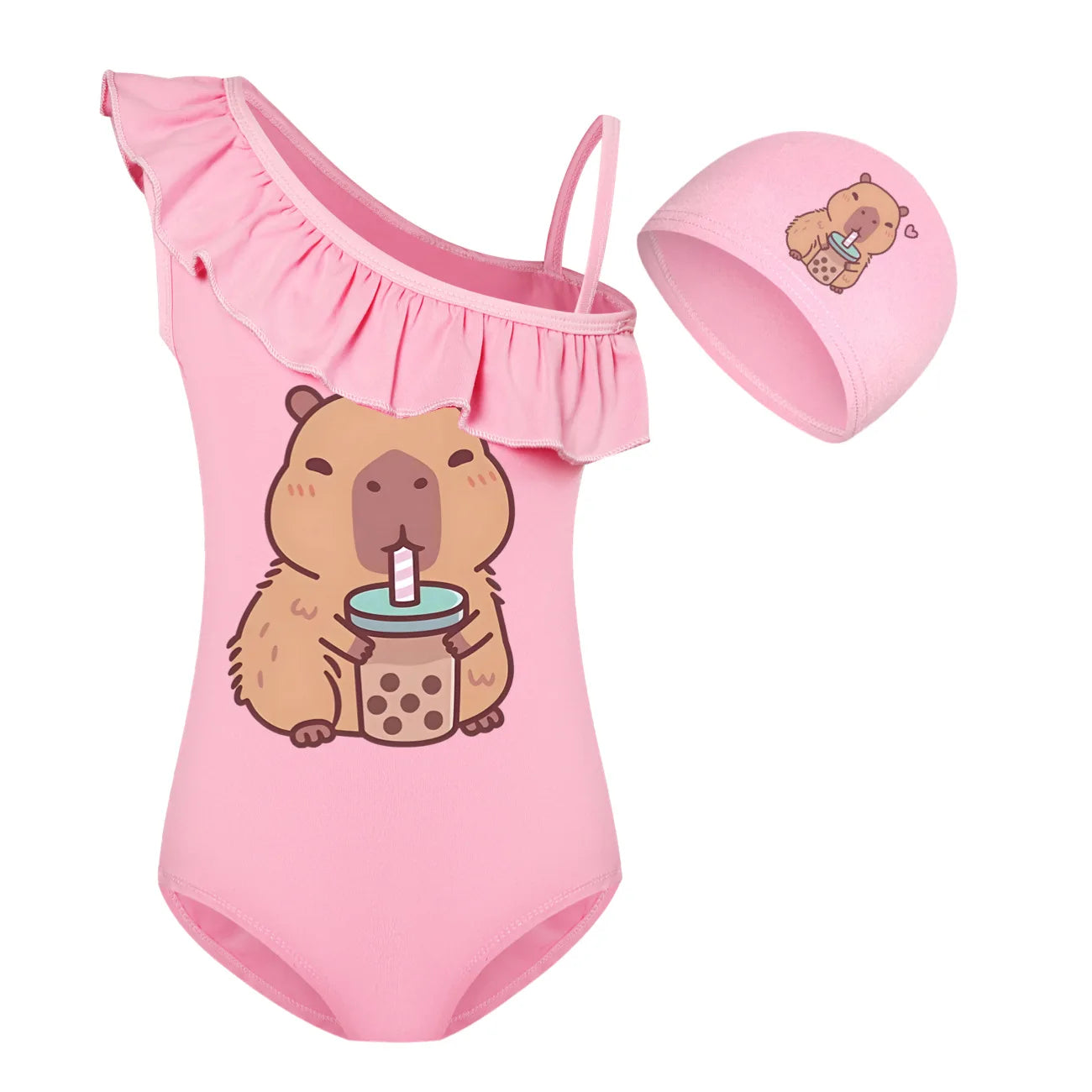 Swimsuit for Girls Summer Vacation Outfits Kids Game copybara Sling Ruffles Bikini Set Children Carooon Print Swimwear