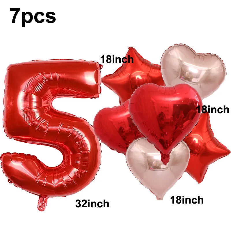 32inch Red 3 Number Balloon Heart Star Foil Balloon Valentine's day Balloon Decorations for Third Anniversary Valentine Party - Idrilay 
