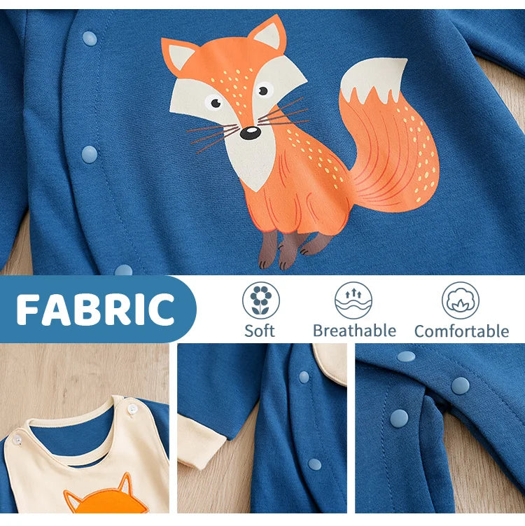 Spring And Autumn Boys And Girls Cute Cartoon Fox Printed Cotton Comfortable Long Sleeve Baby Bodysuit