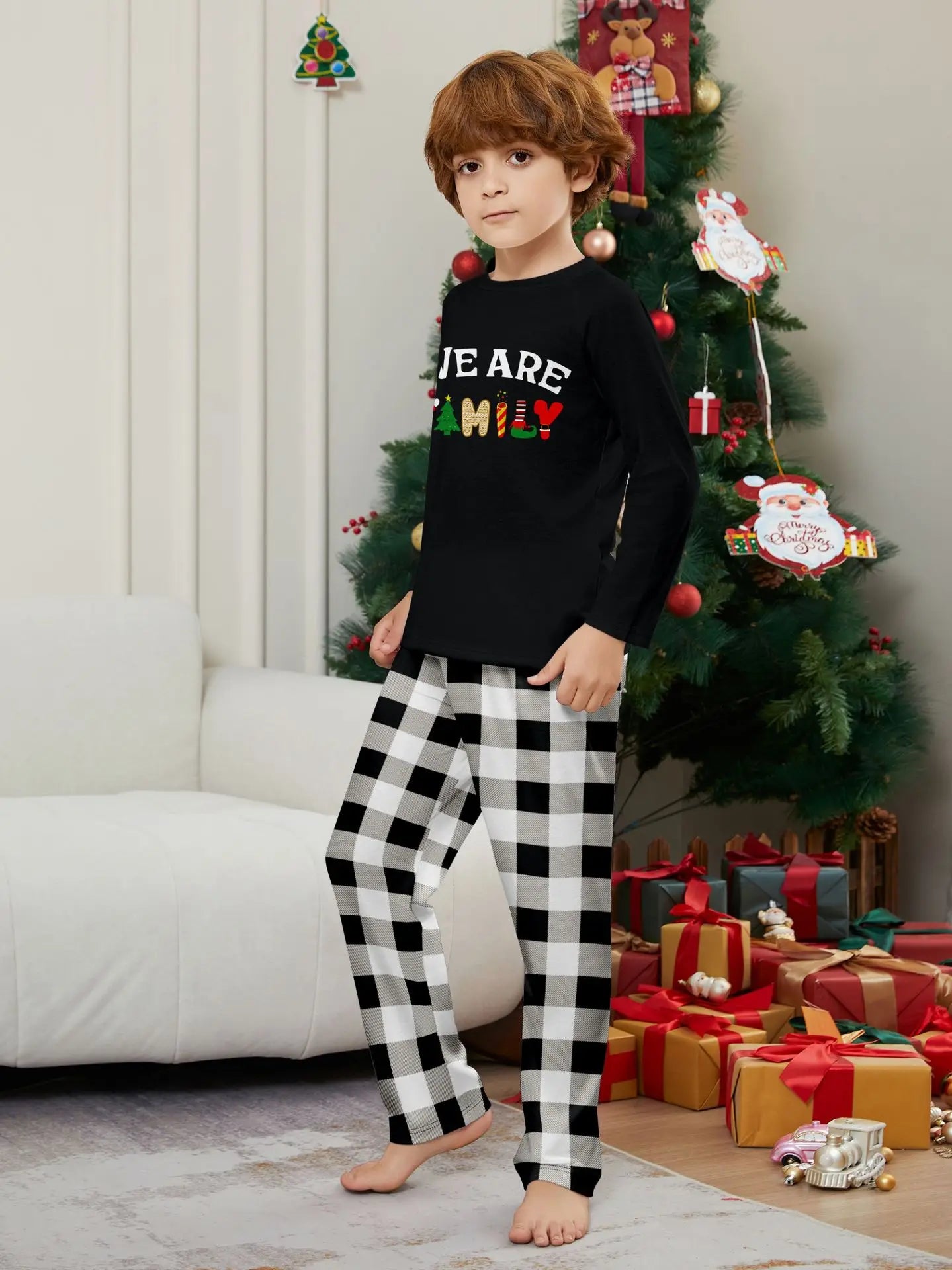 Happy New Year Family Matching Outfits Letter Plaid Print Parent-child 2 Pieces Suit Sleepwear Soft Loose Pajamas Set Xmas Wear