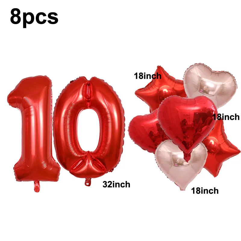 32inch Red 3 Number Balloon Heart Star Foil Balloon Valentine's day Balloon Decorations for Third Anniversary Valentine Party - Idrilay 