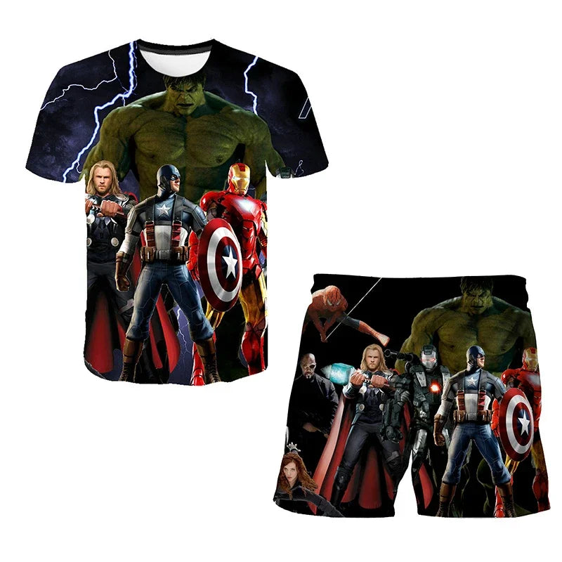 Boys Summer Spider-Man Marvel Hulk Iron Man Spiderman 2 Piece Set Breathable Tshirt & Shorts
