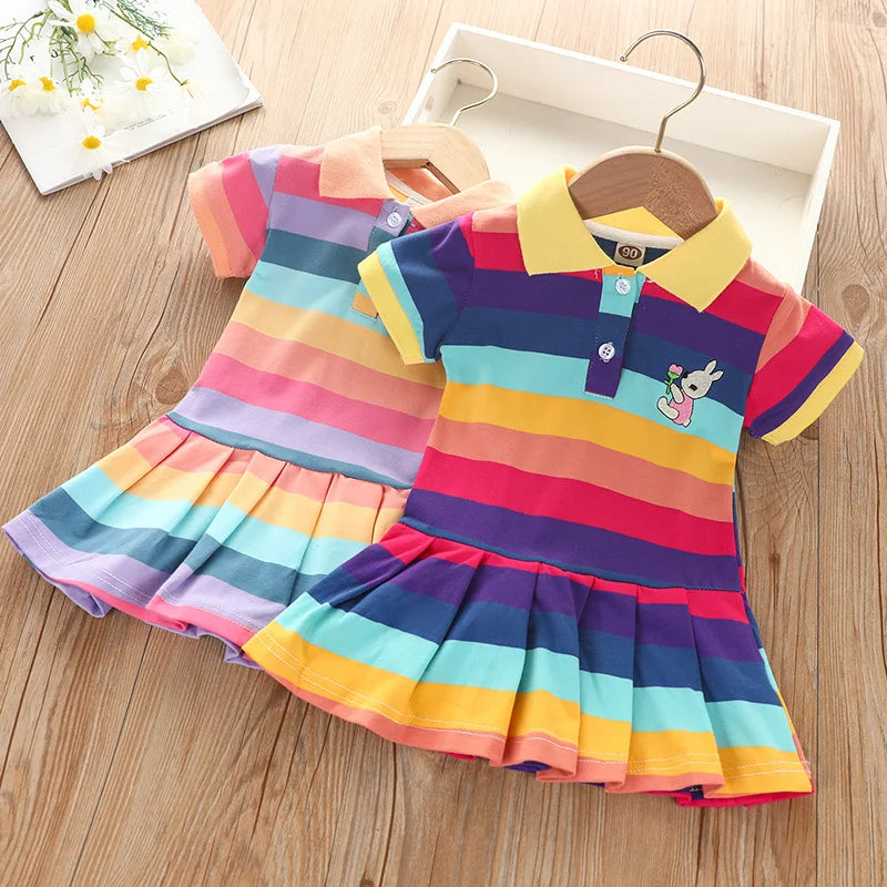 Girl's Summer fashion cute short sleeve  cartoon  rabbit embroidered rainbow strip baby girl princess dress - Idrilay 