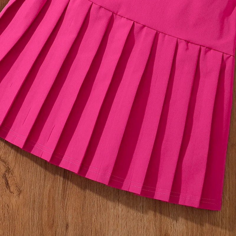 2024 New Children's Fashion Clothes Sets For Kids Girl Black Smiley T-shirt And Rose Red Pleated Skirt High Quality Korean Style - Idrilay 