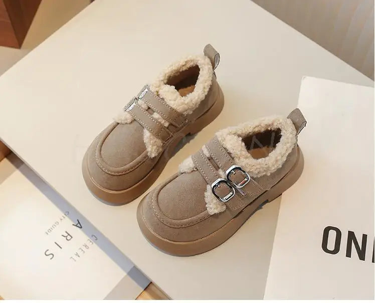 Autumn Winter Children Flats Shoes Solid Plush Warm Korean Style Girls Princess Casual Shoes Soft Bottom Furry Kids Cotton Shoes