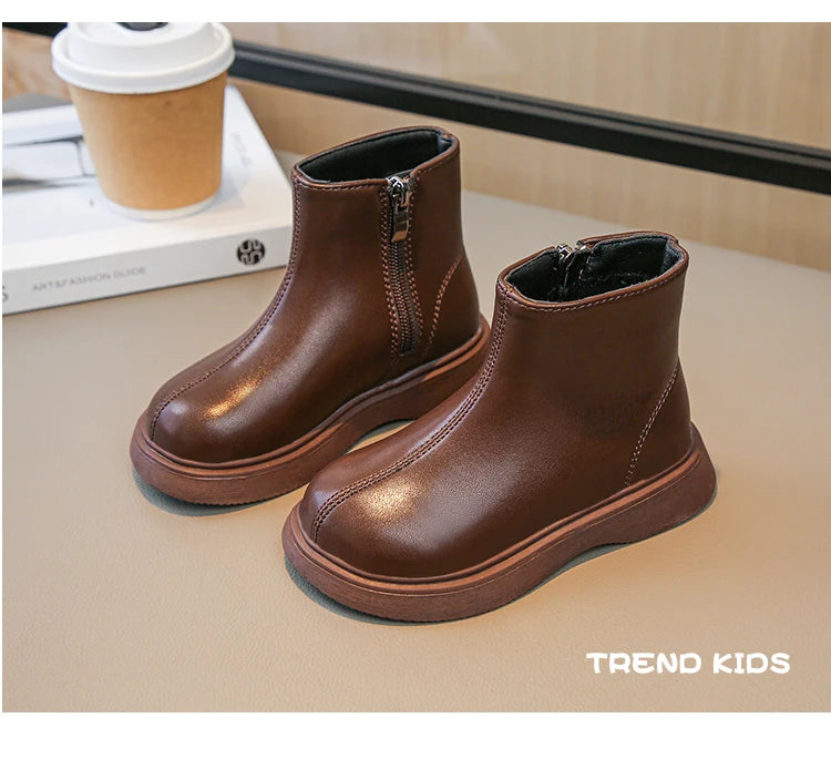 Children Fashion Boots Simple Girls Ankle Boot Black Kids Short Leather Boots Side Zipper Thick Bottom Autumn Winter 2024 New - Idrilay 