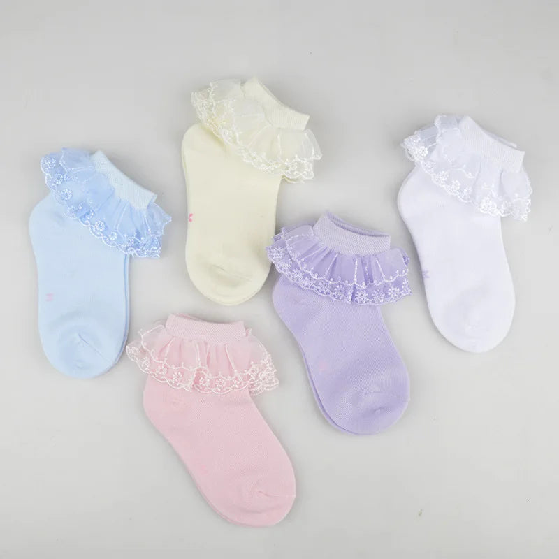 1Pairs Cotton Lace Ruffle Princess Mesh Breathable Socks Children Ankle Short Sock White Pink Blue Baby Girls Kids Toddler