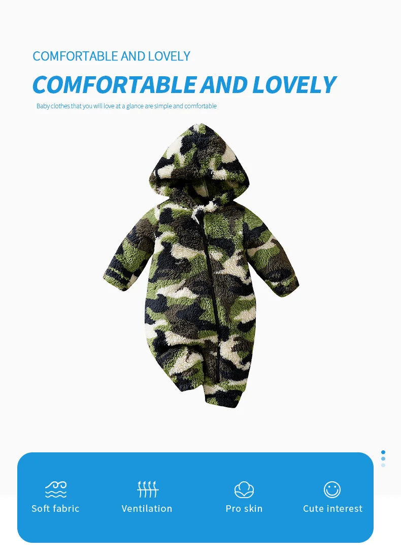 Winter Baby Boy Hoodie Plush Camouflage Style Fashionable Daily Suitable For Children Under 1 Year Old Jumpsuit